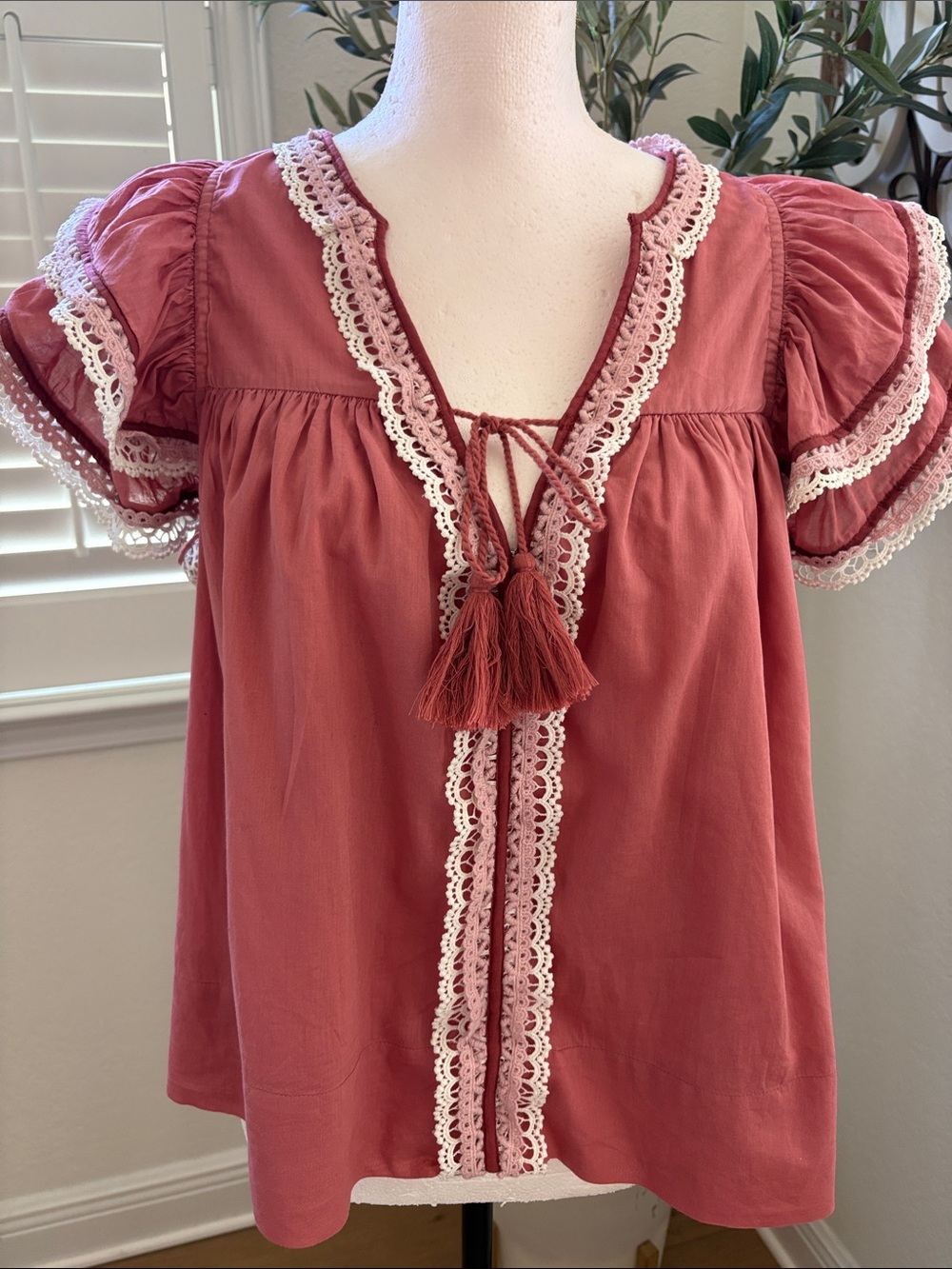 Boho Tassel Tie Rose Pink Lace-Trim Peasant Top